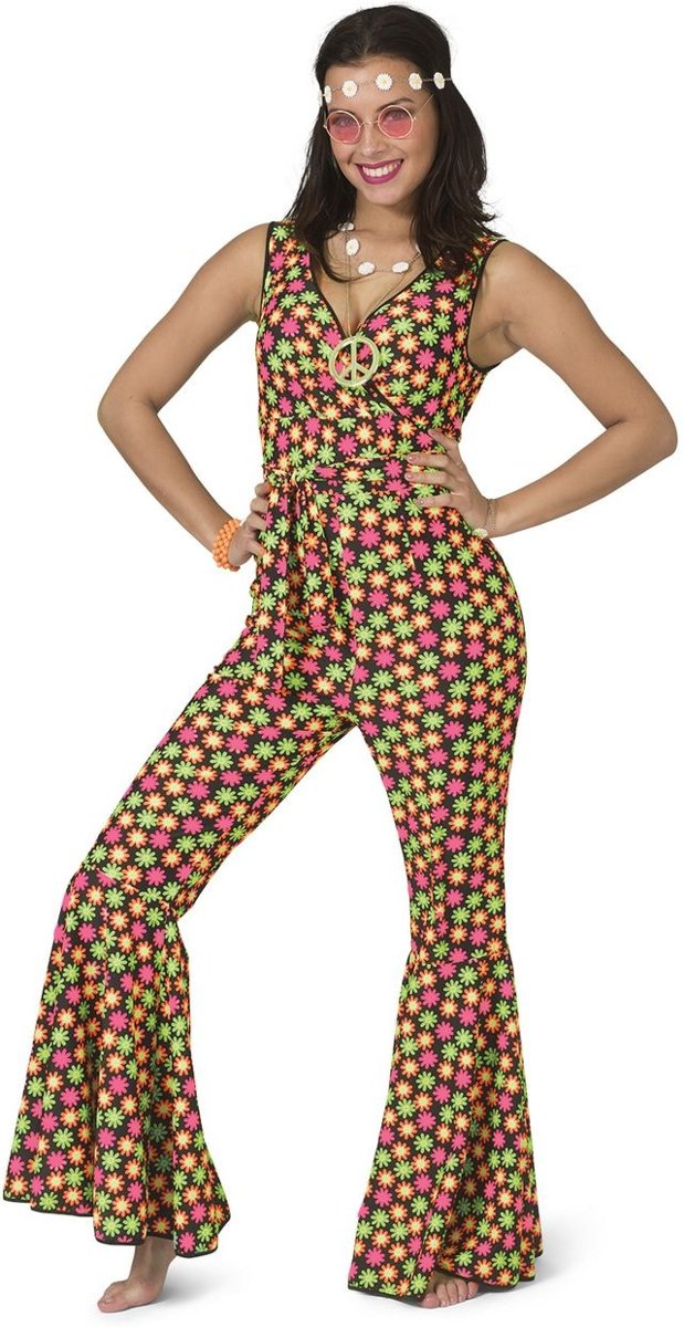 Hippie Kostuum | Fluor Flower Power Goes Disco | Vrouw | Maat 36-38 | Carnaval kostuum | Verkleedkleding